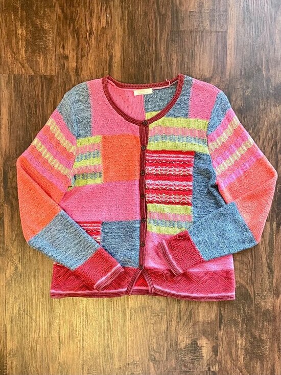 Vintage Sweaters - Vintage 1990s Colorful Hand Knit Patchwork Embroidered 3D Knit Cardigan Sweater